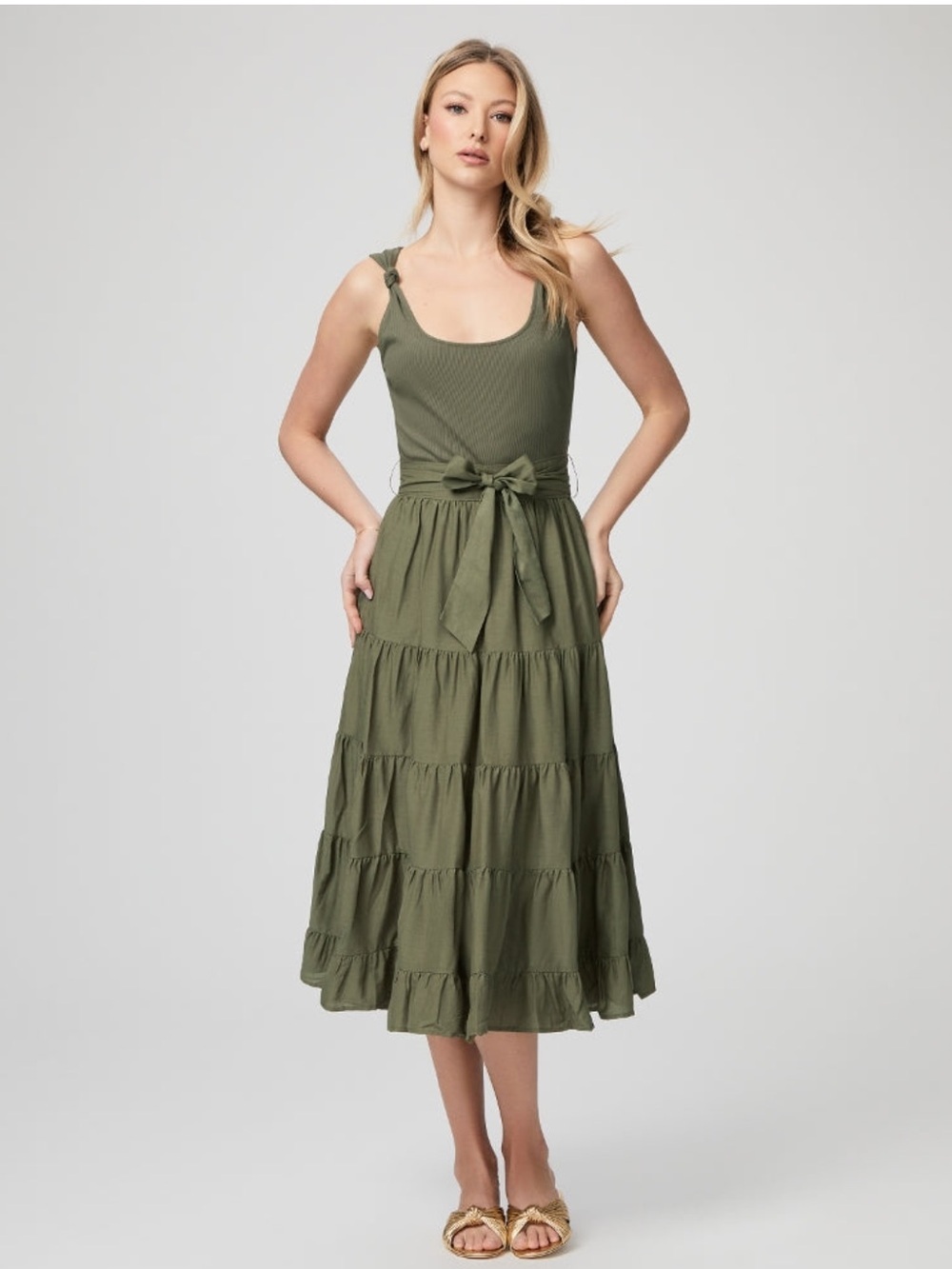 PAIGE Olive Green Tiered Midi Summer Dress Cotton Flowy Knot Shoulder NWOT